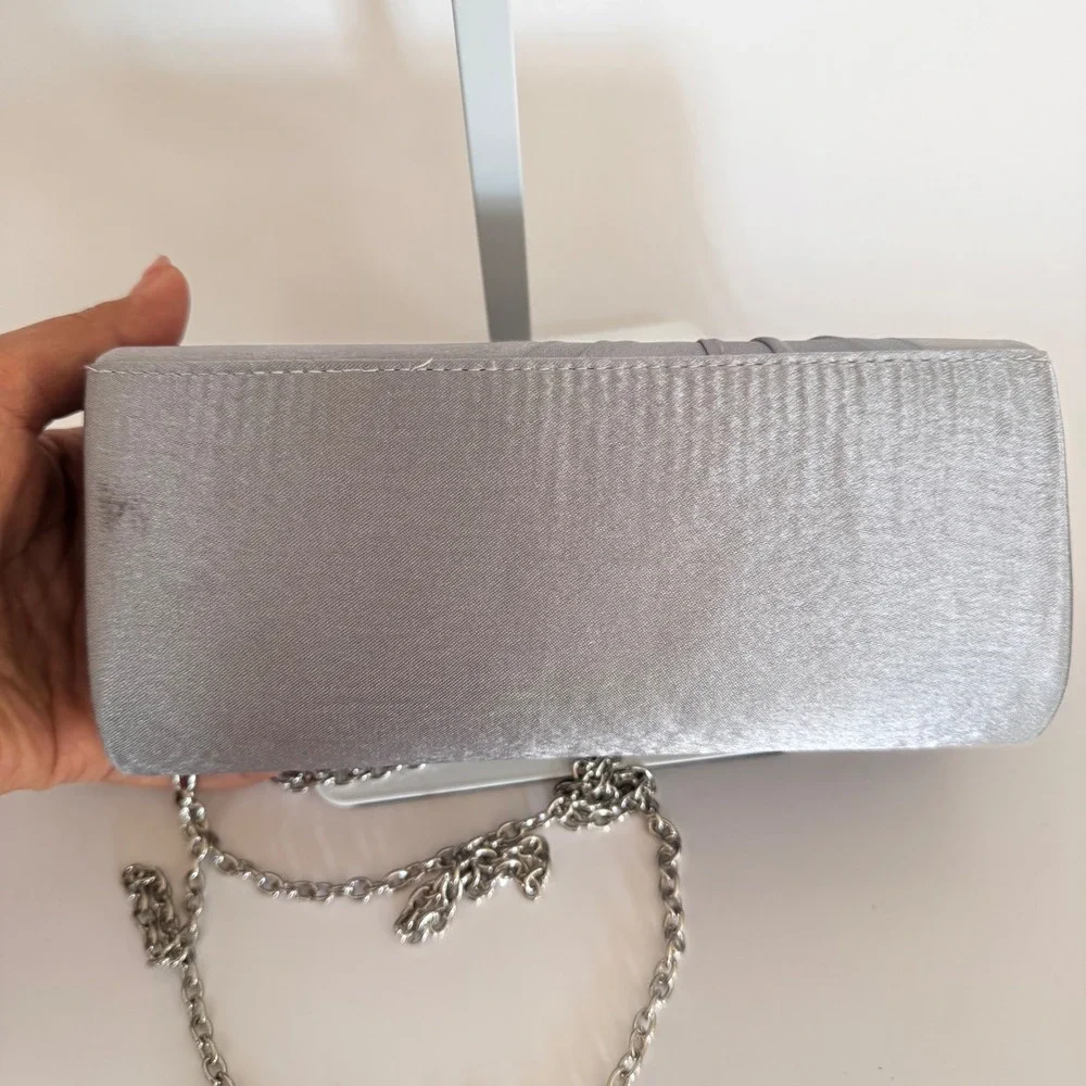 Charming Charlie RSVP Silver Satin Knot Clutch‎ Chain Strap Evening Bag